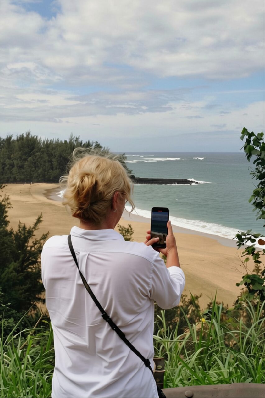 Filming a quiet coastal moment, phone raised toward the shoreline